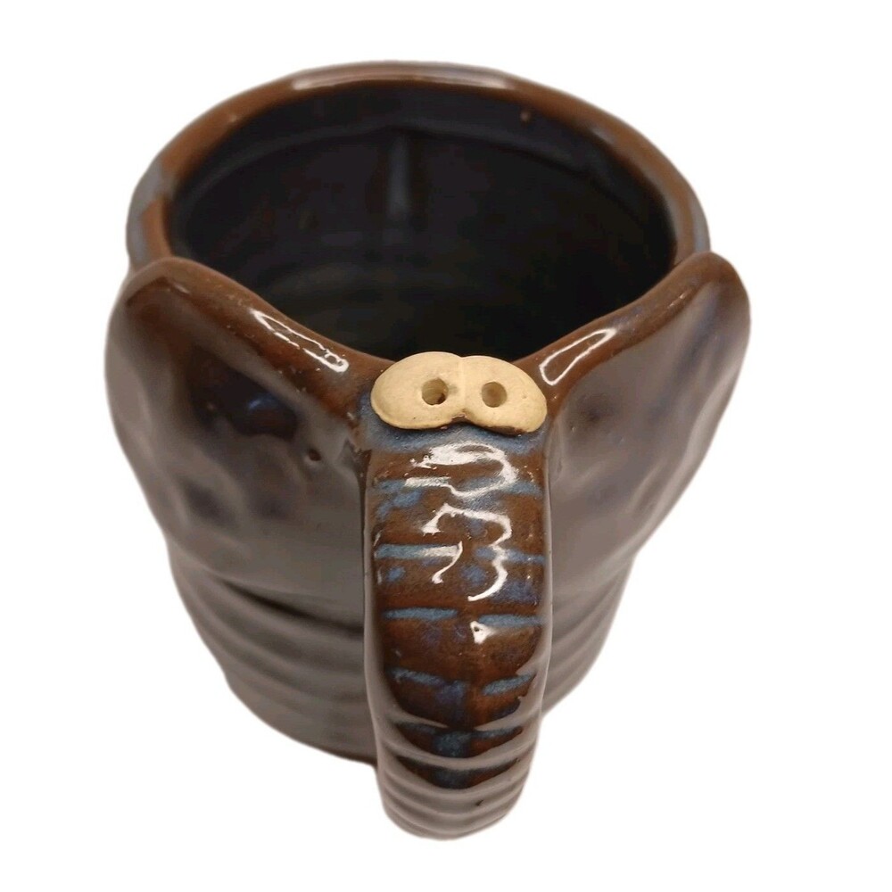 Studio Pottery Elephant Mug Funny Face Kitsch Big Eyes 3D Brown And Blue 4" x 4"